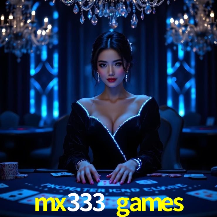Escena dinámica inspirada en casino con iluminación mx333 games, cartas, fichas e íconos de juegos digitales en un espacio moderno de juegos.