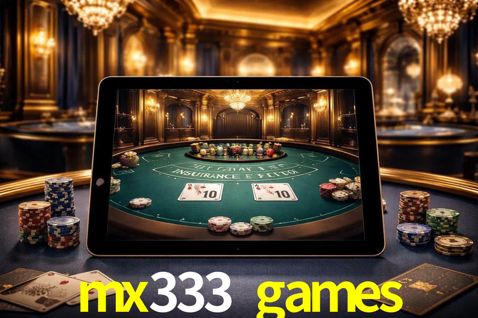 Configuración moderna de casino en vivo con una tableta mostrando una mesa de blackjack, luces cálidas de estudio y una atmósfera elegante de juegos digitales.