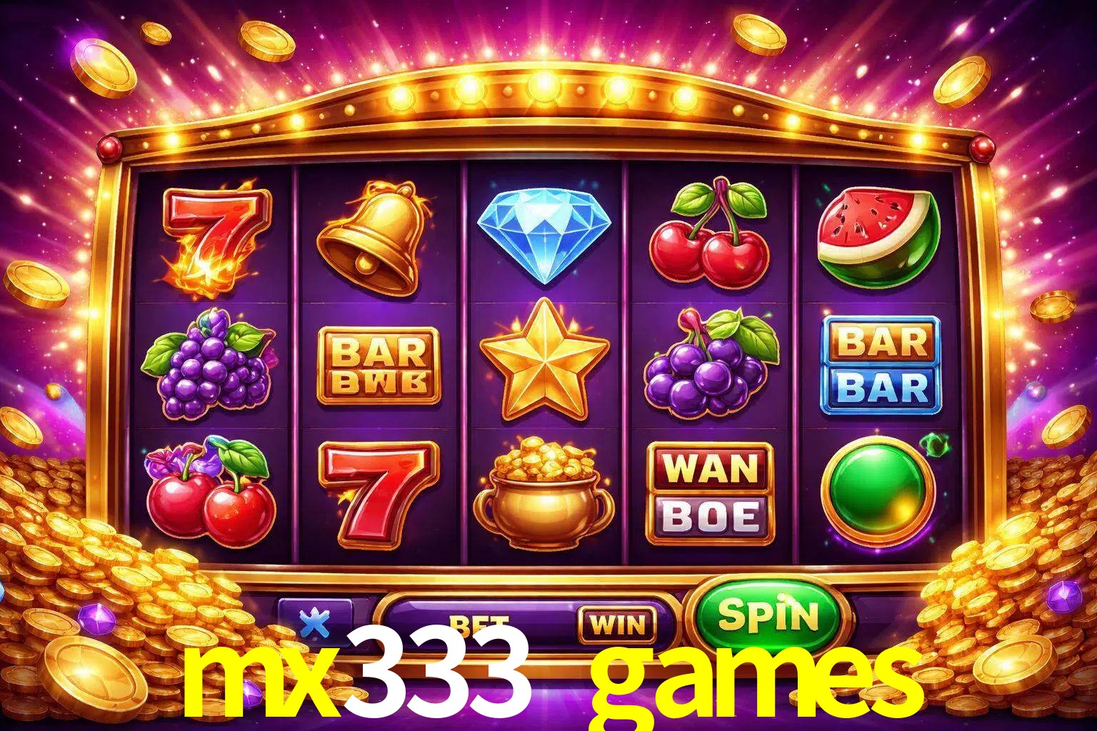 Una interfaz colorida de tragamonedas en línea con símbolos brillantes, monedas y un efecto de victoria celebratoria en mx333 games.