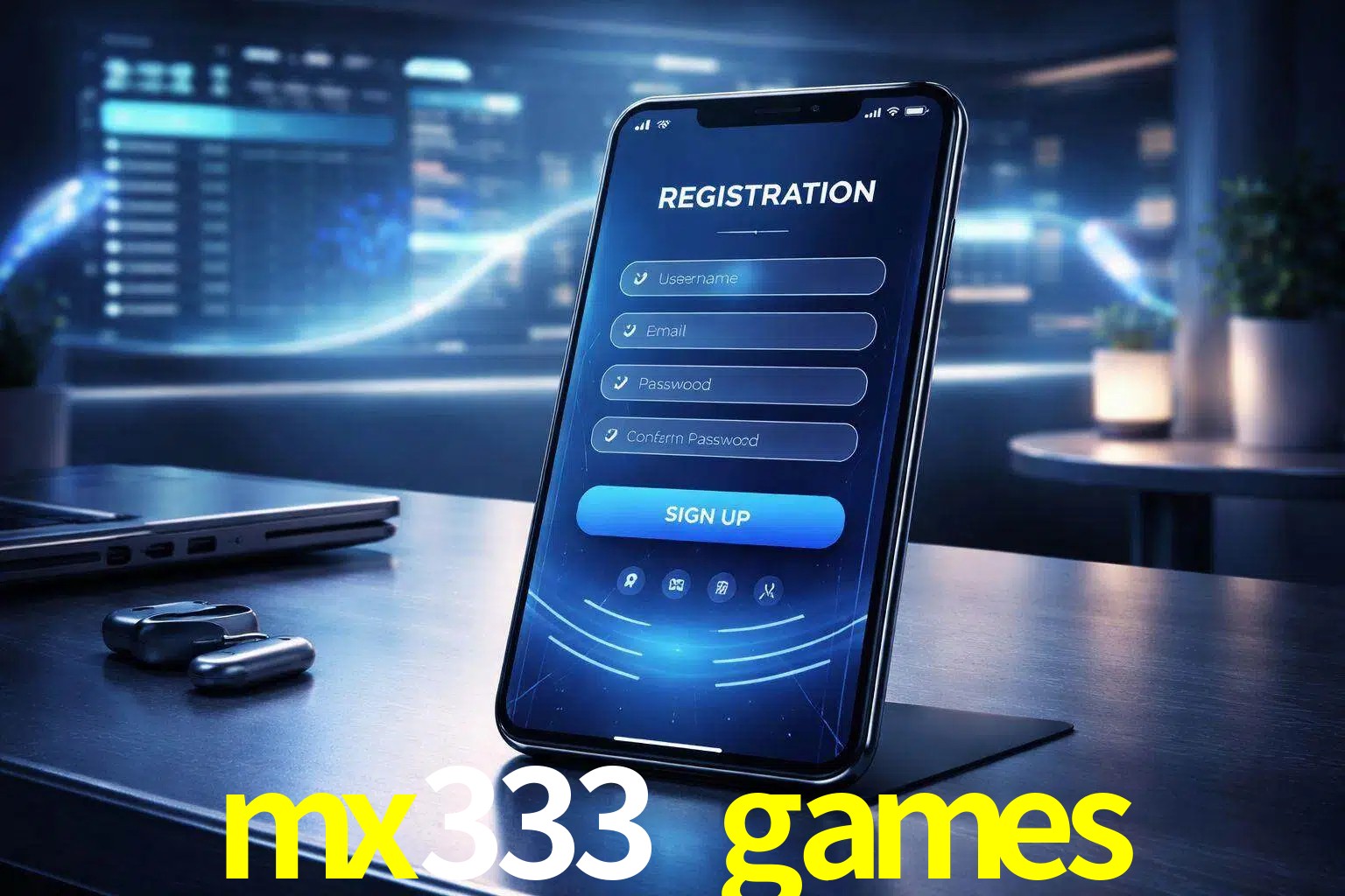 Una interfaz moderna de registro móvil para mx333 games mostrada en un smartphone con un panel de apuestas elegante.